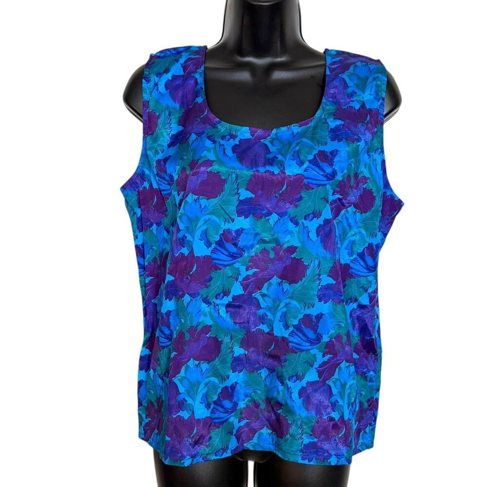 VINTAGE 80s 90s BLUE & PURPLE FLORAL THAI SILK SLEEVELESS TANK BLOUSE SIZE L